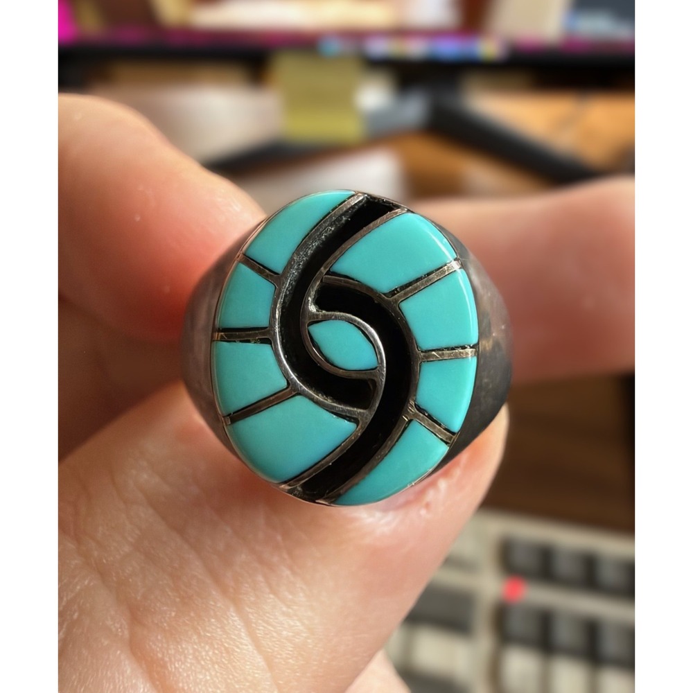Amy Quandelacy - Zuni Inlay Native Indian Sterling Silver Turqiouse Ring Size 10